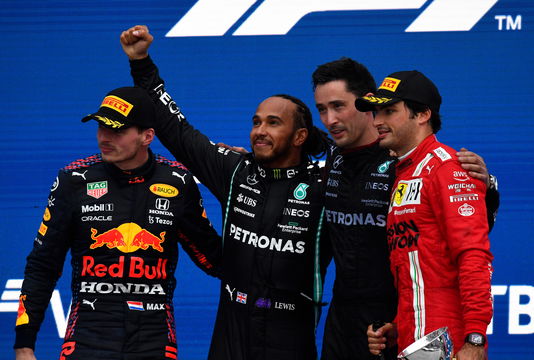 Podium Russian GP Verstappen Hamilton Sainz