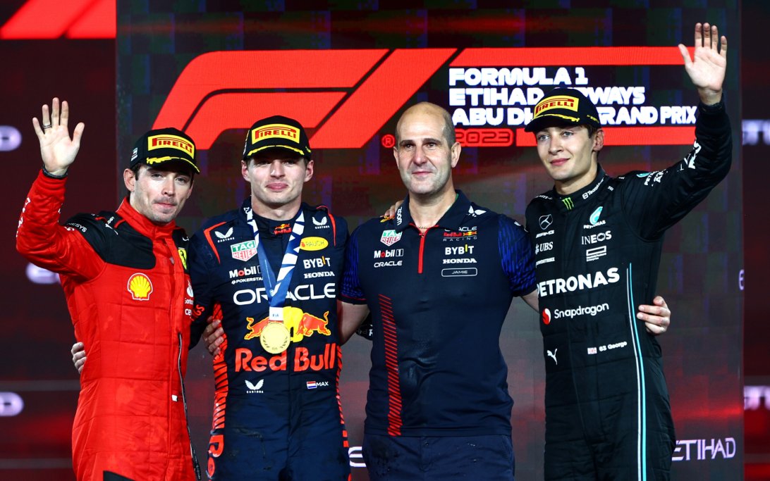 Verstappen Leclerc Russell podium Abu Dhabi 2023