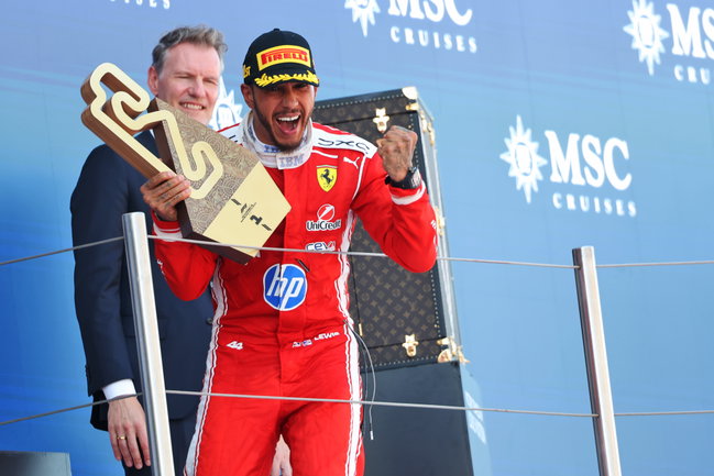 Race winner Lewis Hamilton (GBR) Scuderia Ferrari celebrates on the podium.
14.06.2026. Formula 1 World Championship, Rd 7, Barcelona-Catalunya Grand Prix, Barcelona, Spain, Race Day.
- www.xpbimages.com, EMail: requests@xpbimages.com © Copyright: Charniaux / XPB Images
