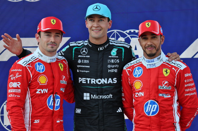 Topo three in qualifying parc ferme (L to R): Charles Leclerc (MON) Scuderia Ferrari, second; George Russell (GBR) Mercedes AMG Formula One Team, pole position; Lewis Hamilton (GBR) Scuderia Ferrari, third.
27.06.2026. Formula 1 World Championship, Rd 8, Austrian Grand Prix, Spielberg, Austria, Qualifying Day.
- www.xpbimages.com, EMail: requests@xpbimages.com © Copyright: Batchelor / XPB Images