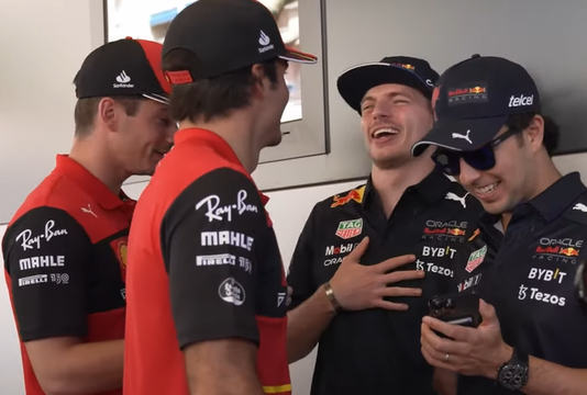 Verstappen laugh Perez leclerc Sainz