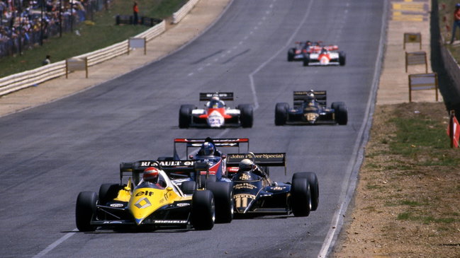 Eddie Cheever (USA) Renault RE 40 leads Elio de Angelis (ITA) Lotus 94T Renault - www.xpbimages.com, EMail: requests@xpbimages.com Copyright: Photo4 / XPB Images
