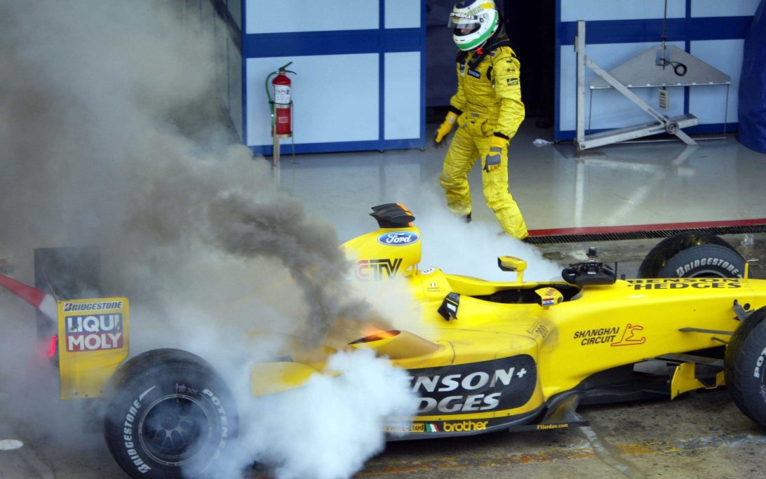 Giancarlo Fisichella Jordan parc ferme fire Brazilian GP 2003