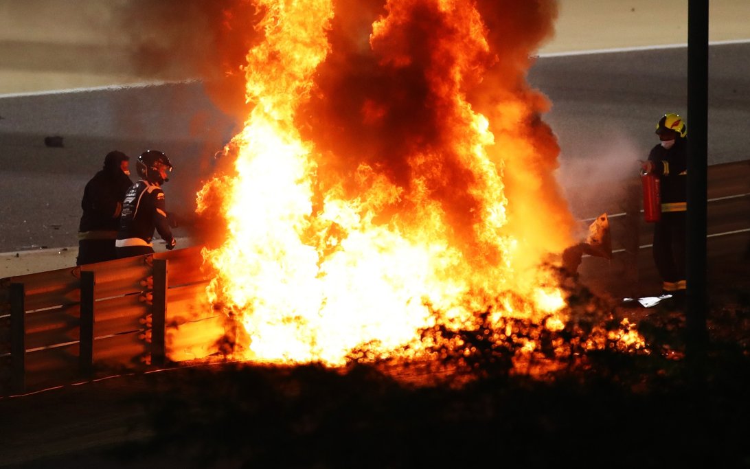 Grosjean crash fireball fire Bahrain 2020