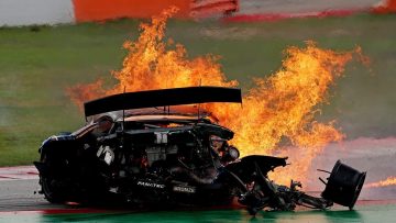 Video: Car goes up in flames after terrifying crash at Barcelona circuit