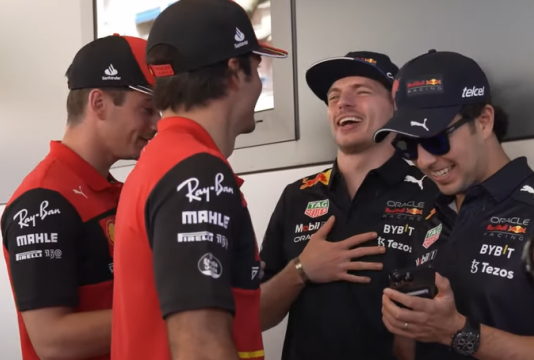 Verstappen laugh Perez leclerc Sainz