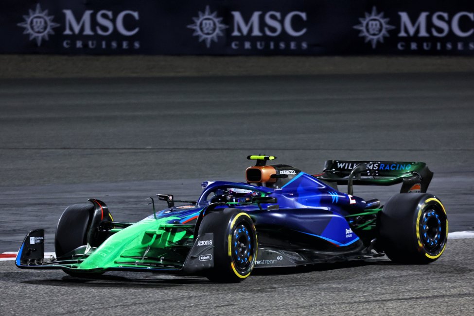 Flow-vis paint on Logan Sargeant's Williams car to test the F1 aerodynamics