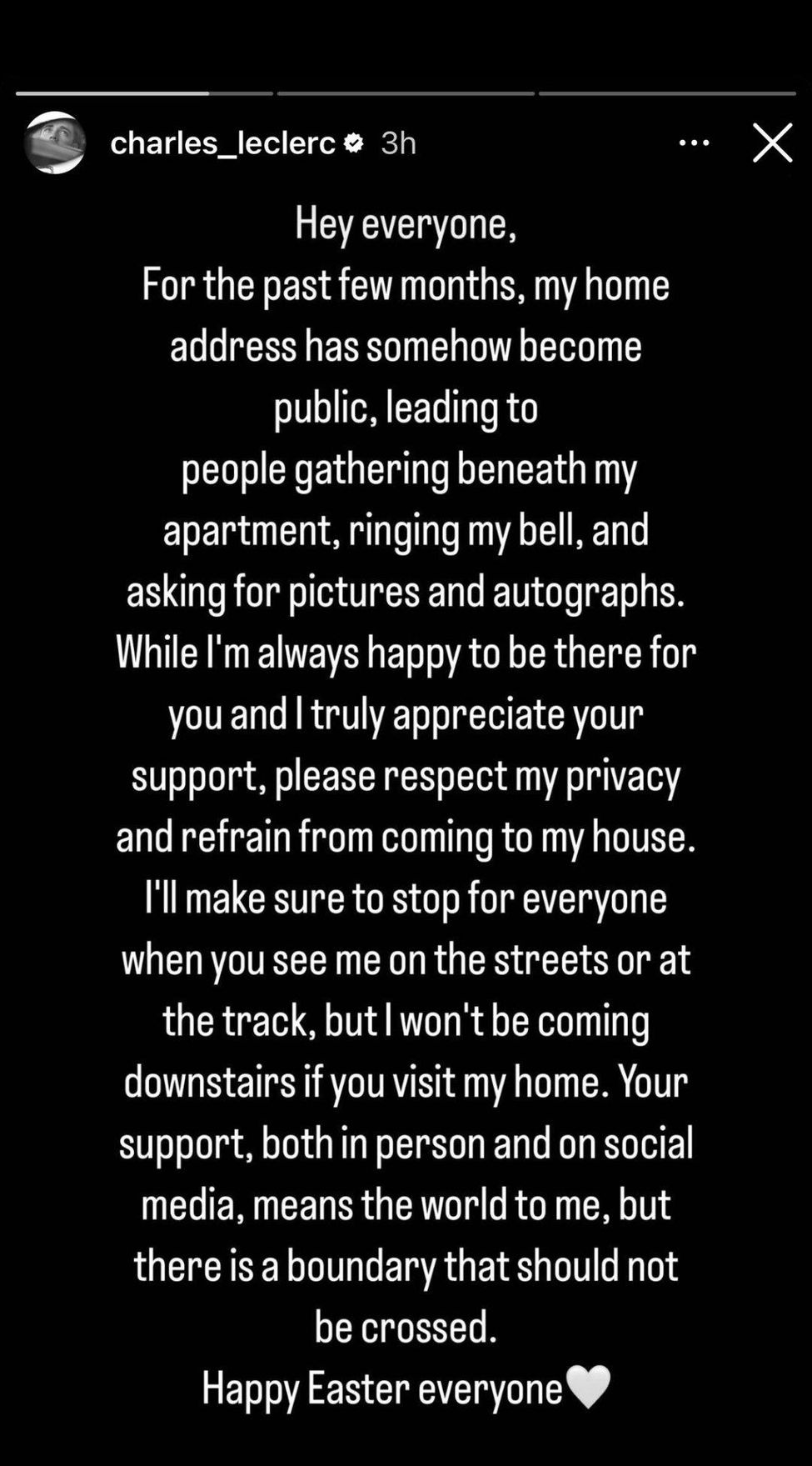 Charles Leclerc roept fans via Instagram op om weg te blijven bij zijn huis in Monaco