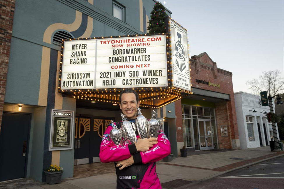 Hélio Castroneves with his Indy 500 trophies