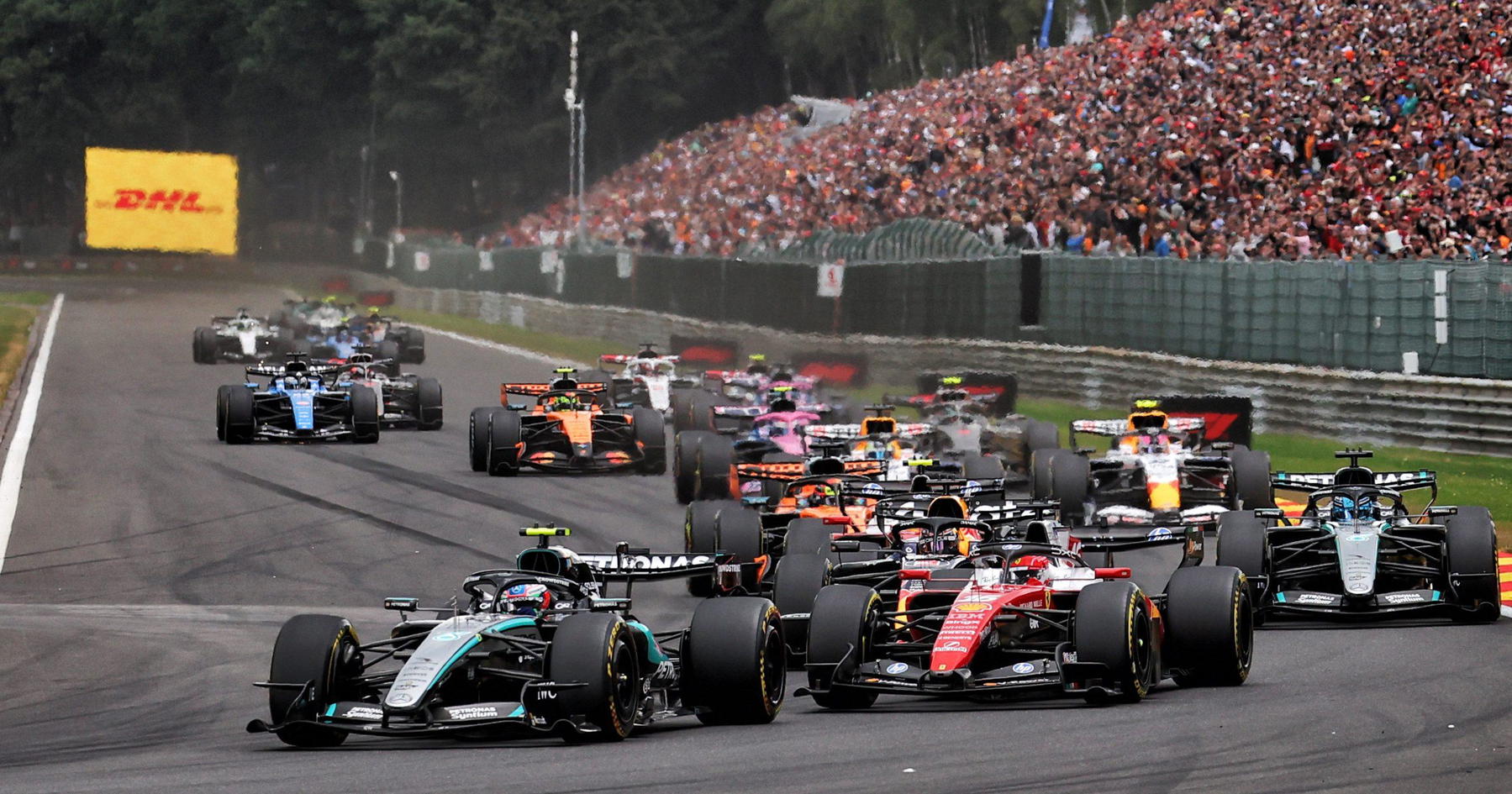 Kimi Antonelli leading Charles Leclerc during the Belgian Grand Prix.